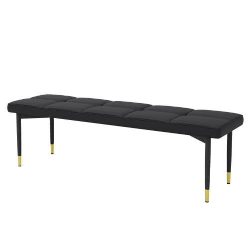 59 Inch Modern Shoe Bench, Black Faux Leather Storage Ottoman with Gold Metal Legs, Upholstered Entryway Bench for Hallway & Living Room