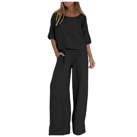 VBARHMQRT women Pant Suits Casual Women Fashion Solid Casual Loose Seven Quarter Sleeve Wide Leg Pantsuit Elegant Pants Sets Women 2 Piece Outfits Dressy Casual Black Pants Set for Women Dressy