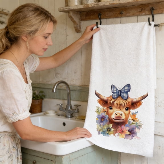 2-Pack Highland Cow Kitchen Towels – 26x18In Absorbent & Soft Dish Cloths – Farmhouse Decor Hand Towels for Kitchen & Bathroom – Quick-Dry Tea Towels,C