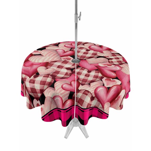 Outdoor Tablecloth with Umbrella Hole and Zipper, Valentine's Day Round Table Cloth 54 Inch Waterproof Tablecloth, Romantic Love Pink Plaid Beige Vintage Picnic Table Cover for Patio Camping