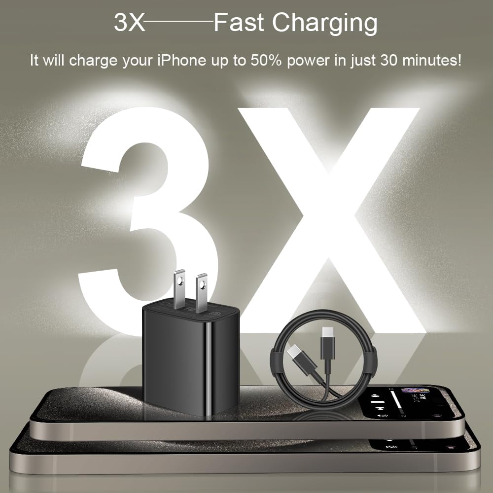 LujingZ iPhone 17 16 15 20W USB-C Fast Charger 3-Pack with 3x 10FT Cables Compatible with iPhone 17 Air, Pro Max, 16, 15 Series, iPad Pro, AirPods Black