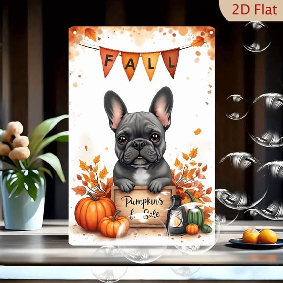 1pc Metal Wall Sign, 8x12 Inches, Fall French Bulldog with Pumpkins Decorative Sign, Perfect for Autumn Home Decor, Ideal for Outdoor, Porch, Cafe, Bar, Garden, Holiday
