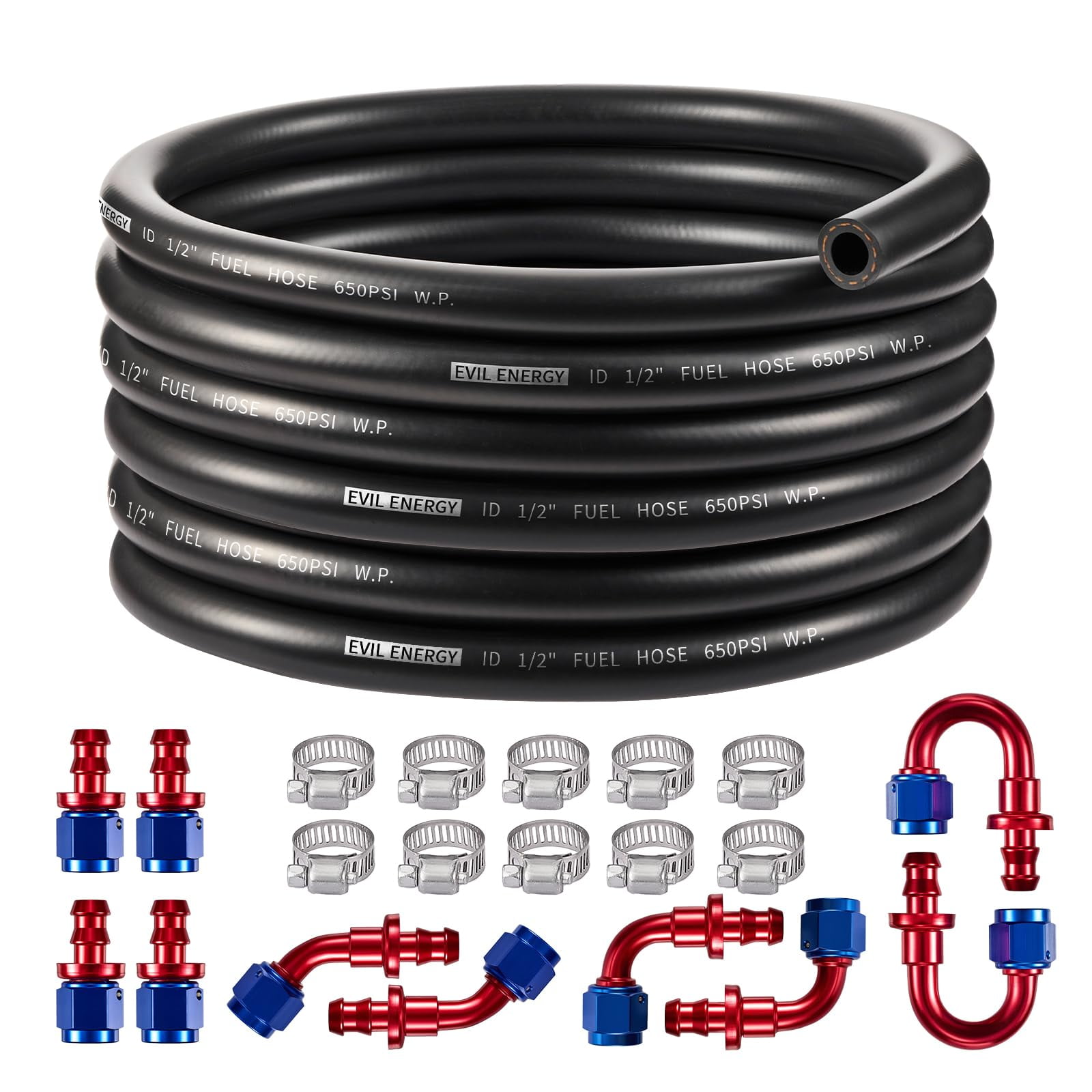 EVIL ENERGY 4AN 1/4" CPE Rubber Fuel Line Kit, 20FT with Push Lock Fittings & Clamps, Flexible AN Fuel Hose for Fuel Filters, Pumps, Tanks, Regulators & Oil Coolers, Blue & Red