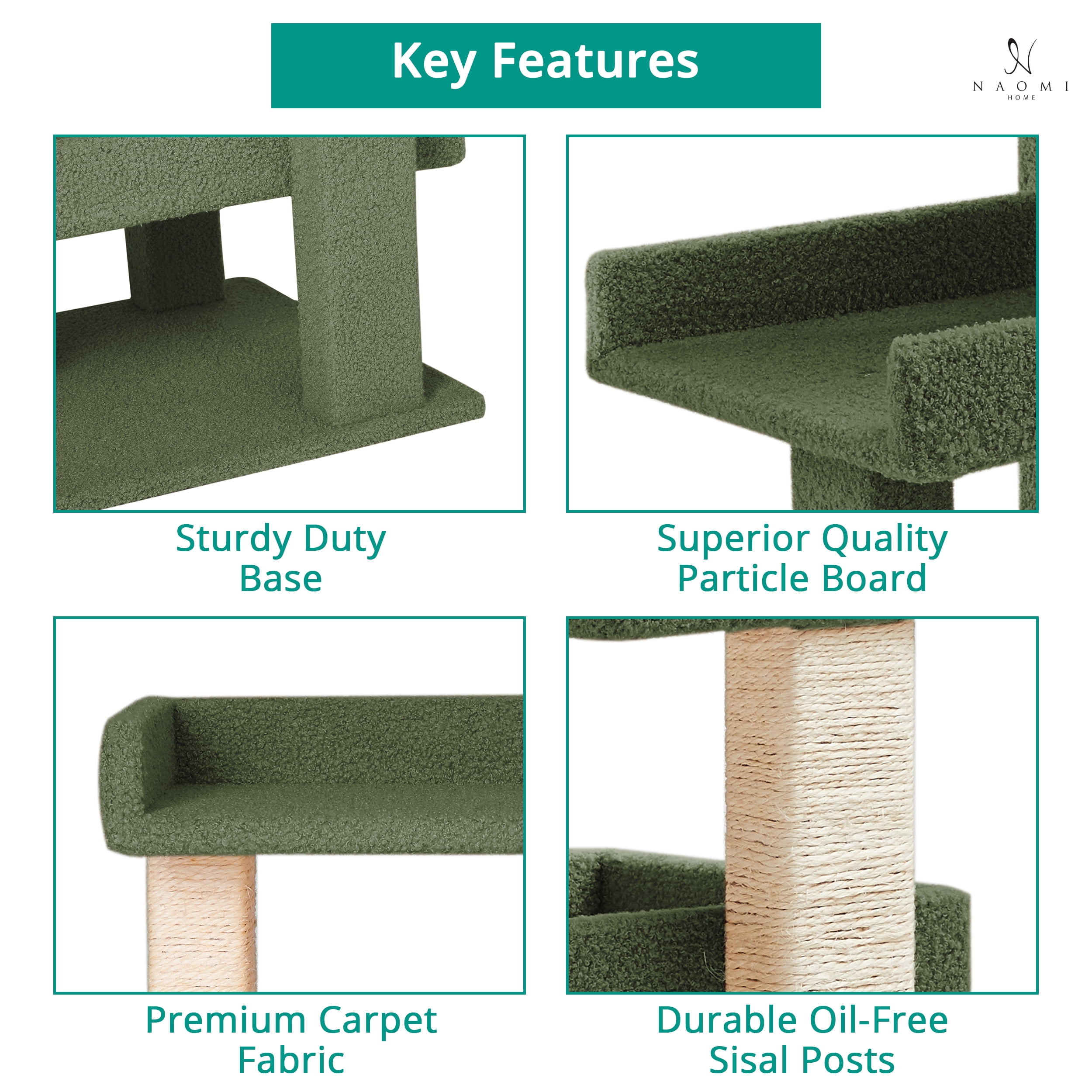 Nala 3-Tier Cat Tree Tower for Indoor Cats – Large Cat Tower & Cat Condo for Large Cats | Cat Tree House & Cat Castle for Multi-Cat Homes -Color: Green