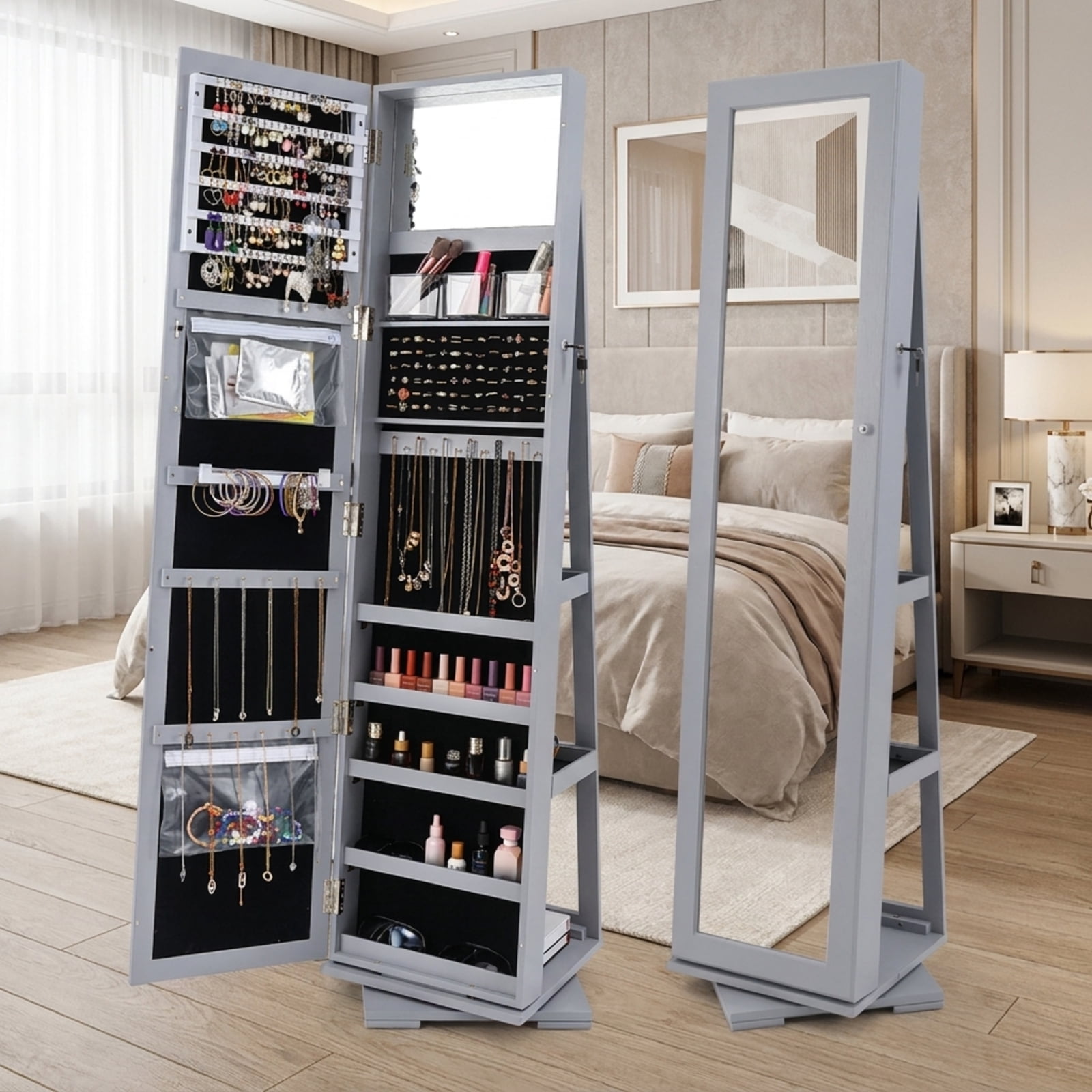 Furnibear 360° Rotatable 2-in-1 Lockable Jewelry Cabinet with Full-Length Mirror for Bedroom Dressing Room Jewelry Necklace Rings Storage Mirror, Gray