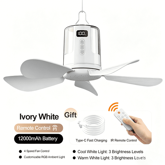 Portable Hanging Camping Ceiling Fan,12000mAh Rechargeable with Remote Control,RGB & Warm/Cool LED Light,4 Speed Type-C Tent Fan for Dorm Outage