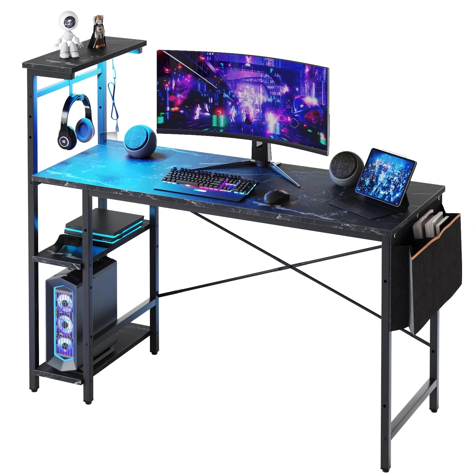 Bestier 52 inch Gaming Desk with LED Lights & Adjustable Storage Shelves,7 Main Color+22 Dynamic Modes LED Computer Desk,Black Marble Platform