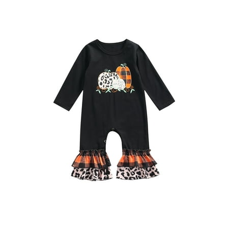 

Unisex Baby Halloween Pumpkin Round Neck Long Sleeve Trumpet Black Jumpsuit