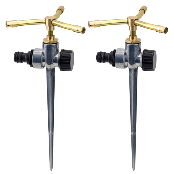 2 Pack Brass 3-Arm Rotating Sprinklers for Yard with Alloy Spike Base & Sealant Tape, 360° Rotatation Garden Water Sprinkler, Outdoor Automatic Rotary Sprayer for Patio Watering Irrigation