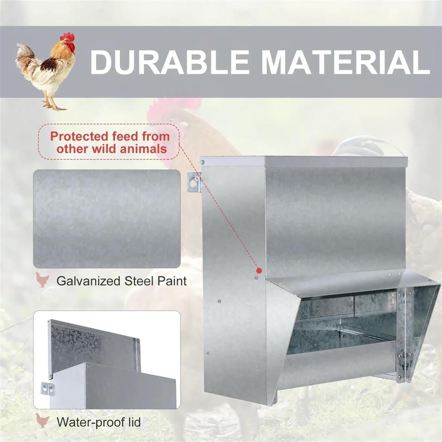 Kadyn Outdoor Automatic Metal Chicken Feeder, Poultry Feeder with Protective Lid for Chickens, Bantams, Pheasants, Holds 13 L of Feed, Silver