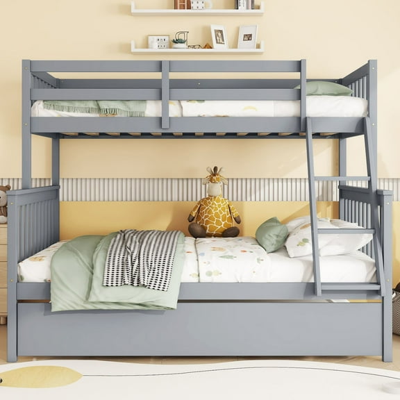 Noble House Twin Over Full Rubber Wood Bunk Bed, Convertible Design with Trundle and Reversible Ladder, Grey