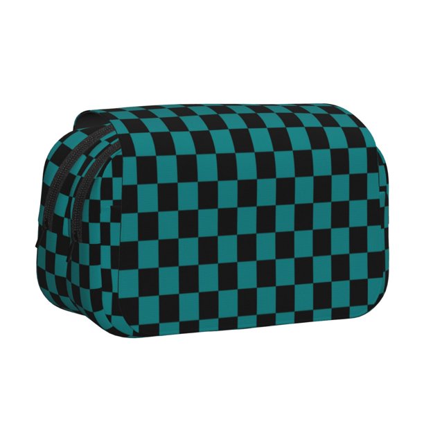 Disketp Black And Teal Checkerboard Estuche de Lápices de Doble Capa con Tapa Abatible y Cremallera, Organizador Escolar para Adolescentes y Adultos