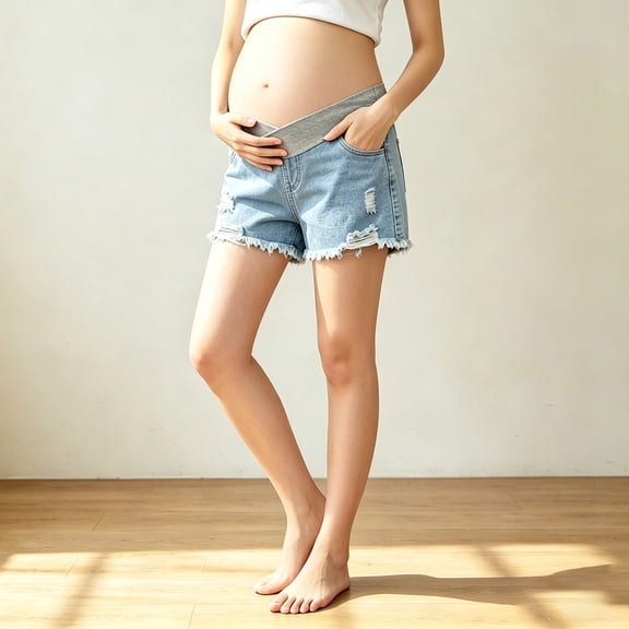 BRGZLK Maternity Denim Shorts for Women Cross Waist Ripped Stretchy Distressed Short Pants Soft Comfy Summer Casual Jean Shorts with Pockets Blue L
