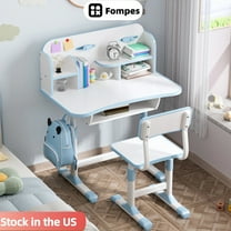 Fompes Kids Study Desk and Chair Set Children School Study Drawing Desk Chair Height Adjustable Kids Table Desk and Chair Set with with Large Writing Board Bookshelf and Book Bucket - Blue