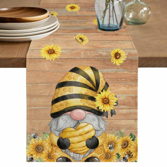 Sunflower Gnomes Table Runner 72 Inches, Summer Botanical Bee Yellow Vintage Bed Runner Dresser Scarves Tabletop for Indoor Outdoor Parties/Ceremony/Banquet, 13" x 72"