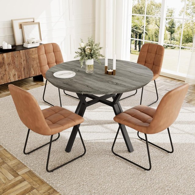Extendable Round Dining Table Set for 4 People, 43.3"-59.1" Extendable Kitchen Table with 4 Upholstered Chairs, Space Saving for Kitchen Dining Room (Grey Table+4 U-Shaped Brown Chairs)