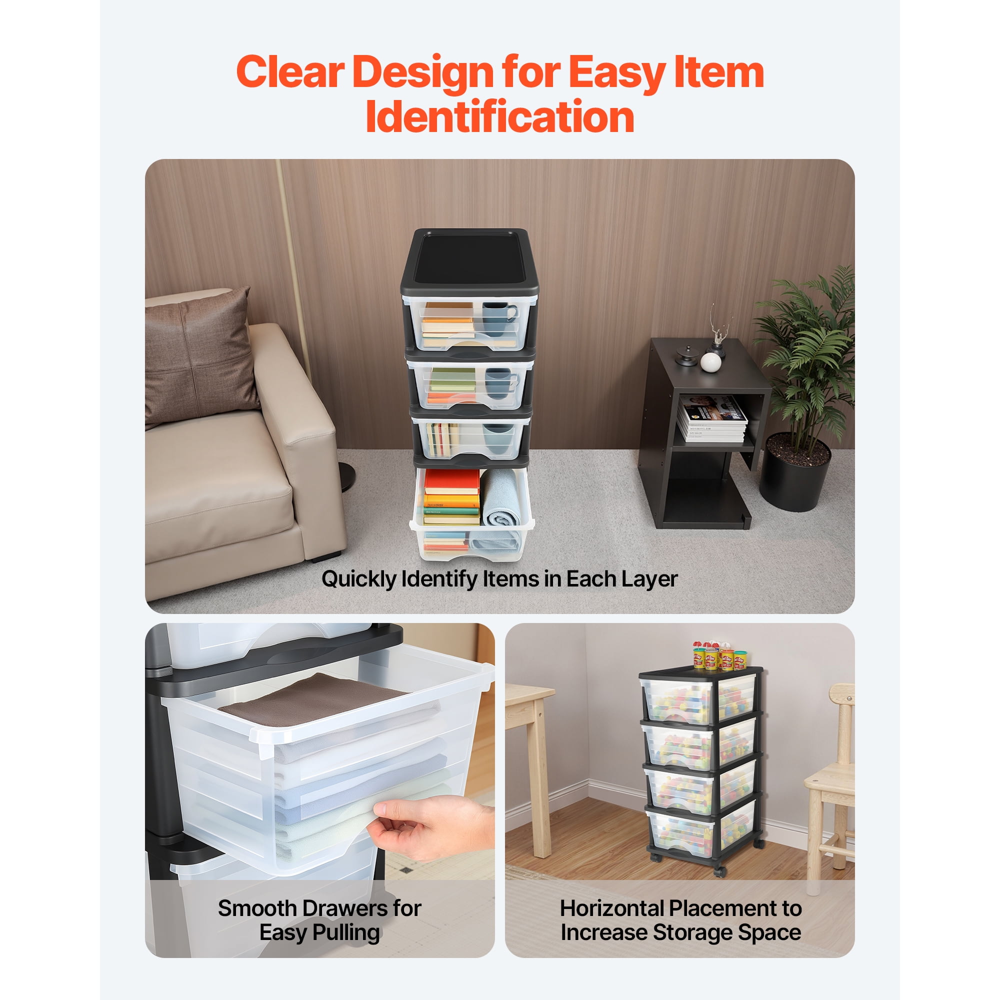 KFFKFF Plastic Storage Drawer Cart with 4 Compartments, Mobile Organizer with Wheels, Rolling Storage Solution for Office Supplies, Crafts, and Classroom Essentials