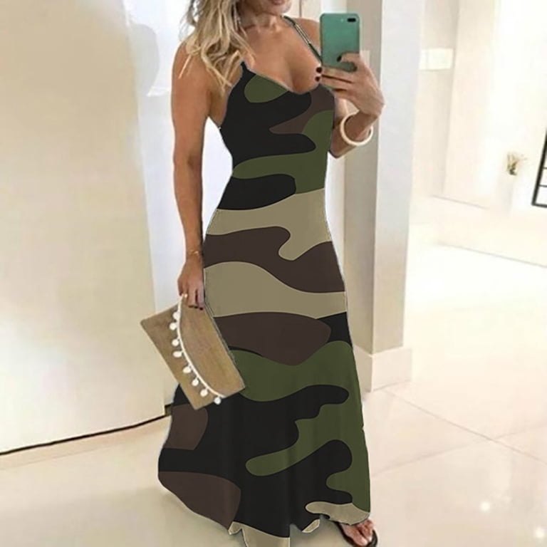 noarlalf summer dresses for women women's ladies plus size camouflage  sleeveless v-collar long dress maxi dress plus size dress for women -  Walmart.com