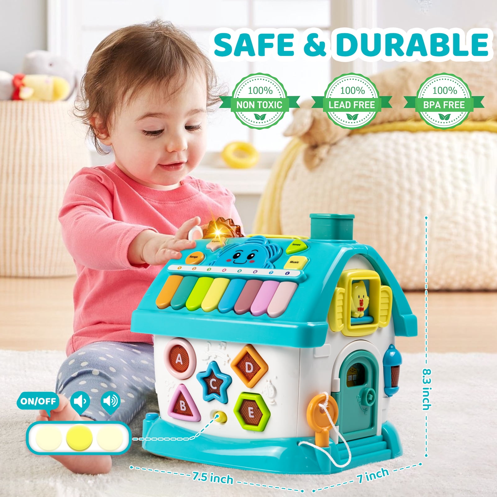 Marstone Baby Toys for 1 2 3 Year Old, Toddler Toys Age 1-2, 6-in-1 Montessori Toys House with Sound/Lights/Music/Clock/Telephone/Car