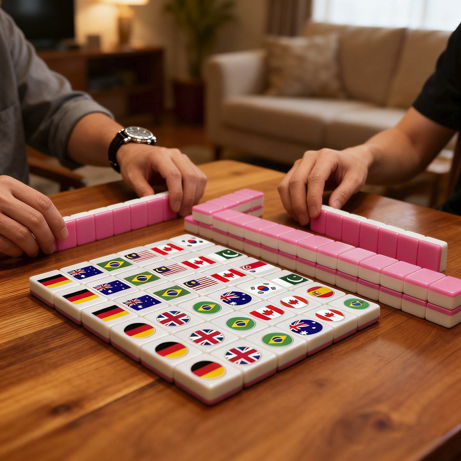HEWANG Mahjong Block Set, 65 Tiles SeasideEscape Game Blocks, Seaside Escapes Game, Portable Travel Mahj- Tiles, National Flag Mahjong Tile Set, for Travel Picnic Spring Gathering