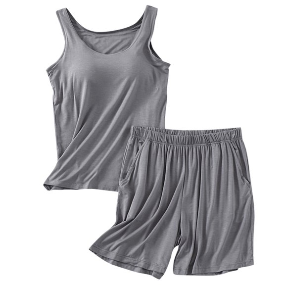 oqasdz Solid Color Pajamas For Women Two Piece Loungewear Casual Tank Tops & Shorts Sleepwear PJ Sets With Built In Bra Classic Female Homewear