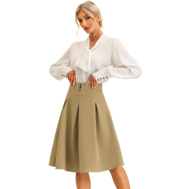 Falda midi plisada Allegra K para mujer con decoración de botones Cintura alta informal Faldas de columpio Caqui XL
