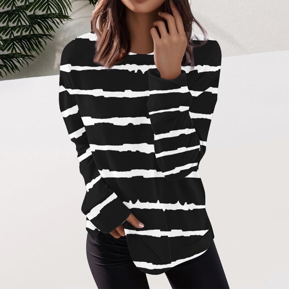 ClodeEU Women's Striped Long Sleeve T-Shirt,Fall Crew Neck T Shirts, Loose Casual Blouses Tops Black,Womens Plus L