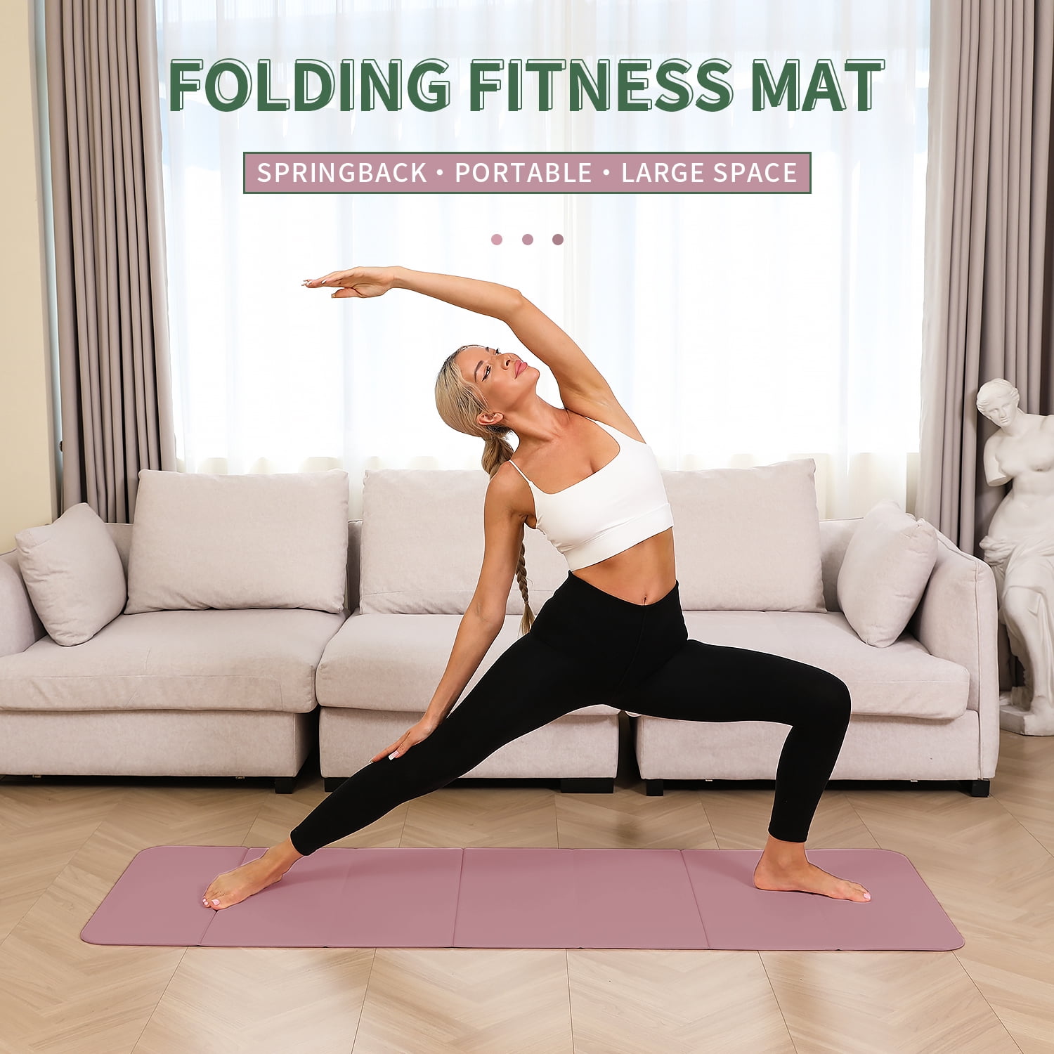 Frach Foldable Yoga Mat Pilates Exercise MatEco TPE 0.4 Inch Thick for Workouts Travel and Home,Quick Fold Stable Grip 75"x26"(Pink+Silver)