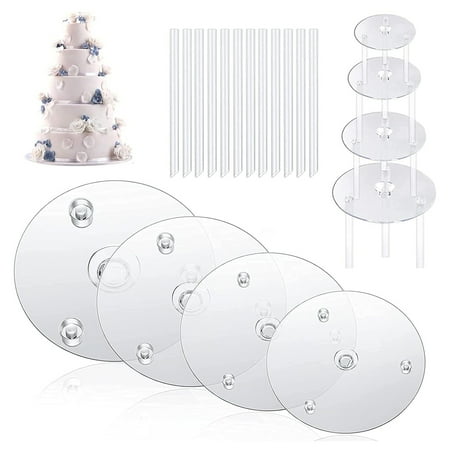 

Conditiclusy 1 Set Transparent Stacking Cake Supports Food Grade Reusable 4 Cake Separator Plates 12 Cake Support Rods for 4/6/8/10 Inch Cakes