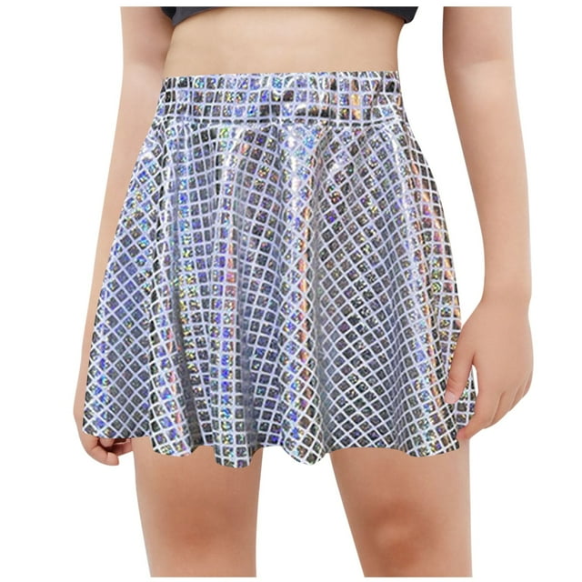 DecSea Kids Girls Shiny Metallic Hip Hop Jazz Skirt Ruffled A-line Mini Skirts for Performance Dance Show
