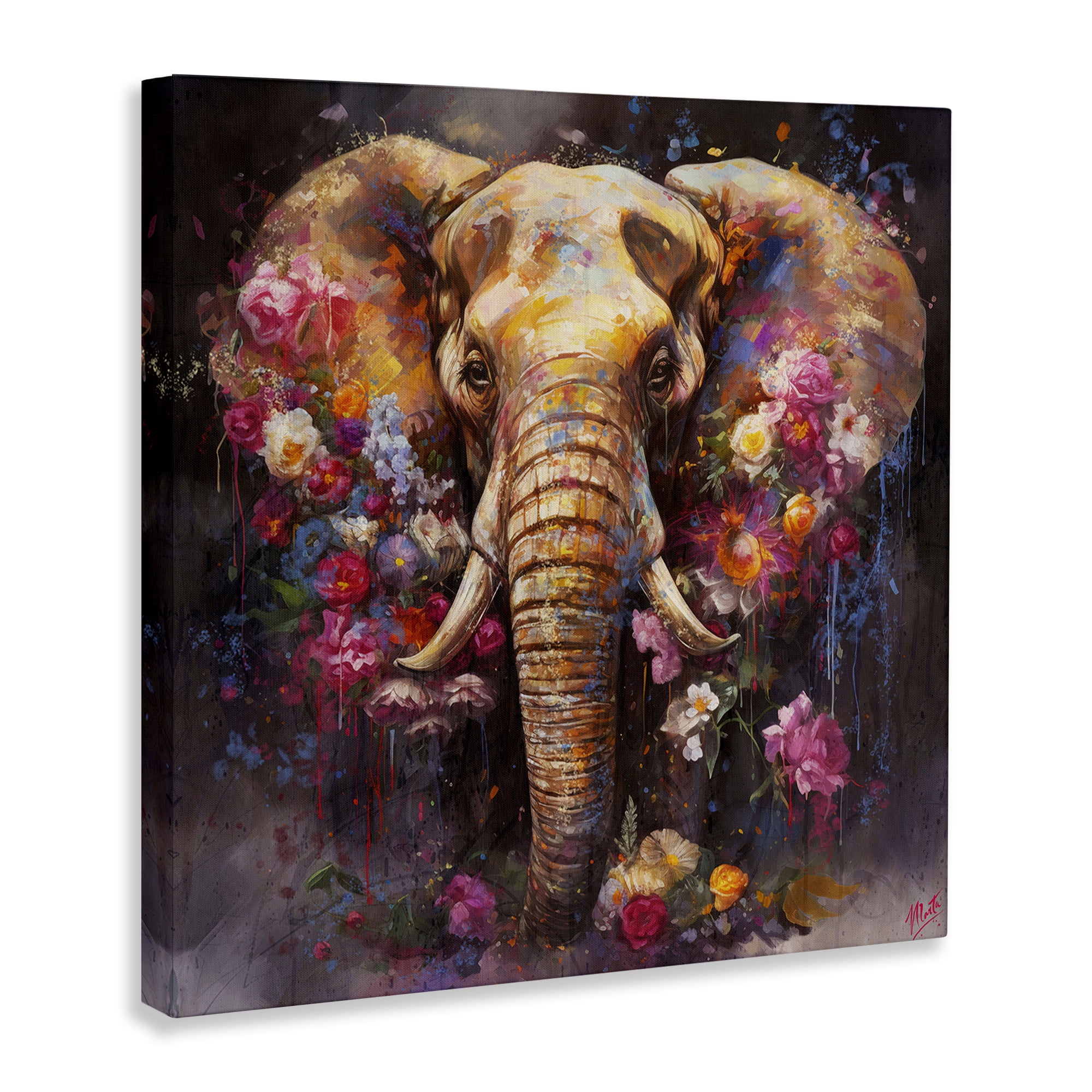 Stupell Industries Flower Swathed Elephant Animals Painting Wrapped Canvas Art Print Wall Art, 36 x 36