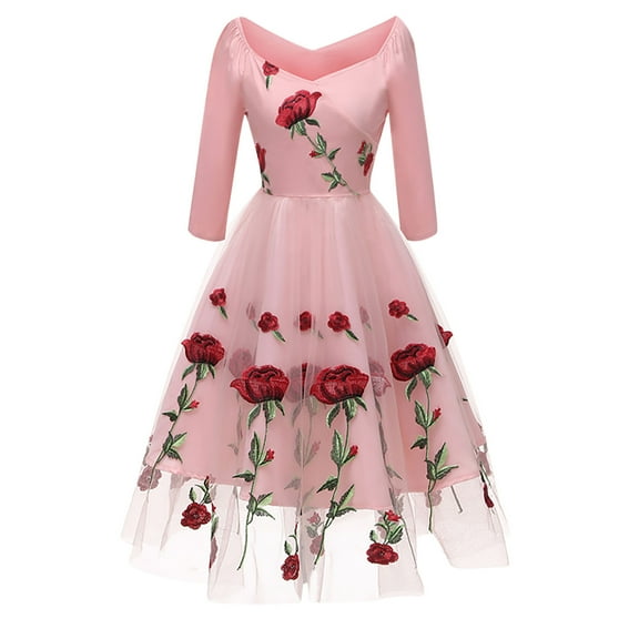 Fesfesfes Women Gowns Vintage Rose Embroidery Temperament V-neck Sexy Long-Sleeved Net Yarn Dress