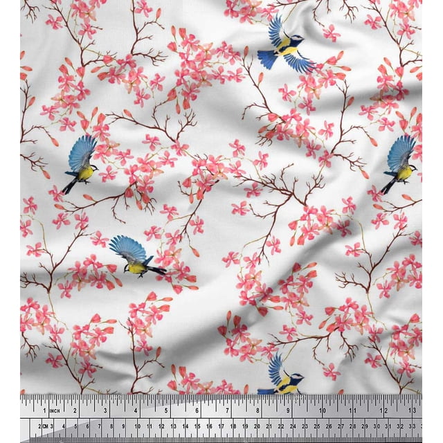 Soimoi Rayon Crepe Fabric Floral & Blue Tit Bird Print Sewing Fabric Yard 46 Inch Wide