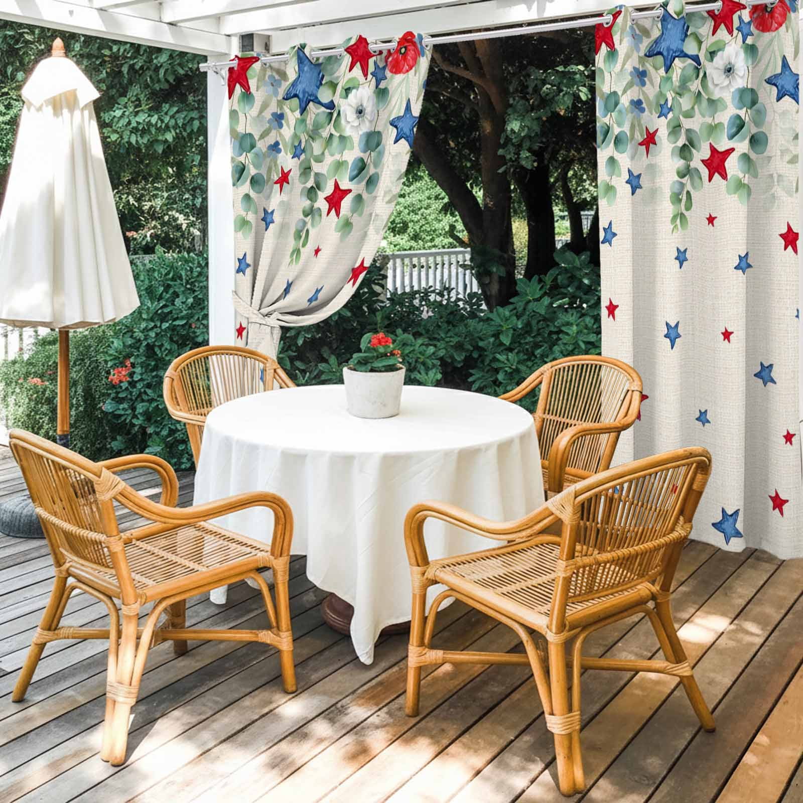 Independence Day Star Outdoor Curtains for Patio, Country Farmhouse Red Blue Star Leaf Flower Linen Sunshade Privacy Drapes Grommet Waterproof Outside Curtains for Porch Balcony 54"x95", 2 Panel