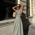 thumbnail image 4 of Vestido elegante con cuello en V y cremallera de cintura alta para mujer, sin mangas, línea A, Delgado, plisado, largo, informal, High Street, 4 of 5