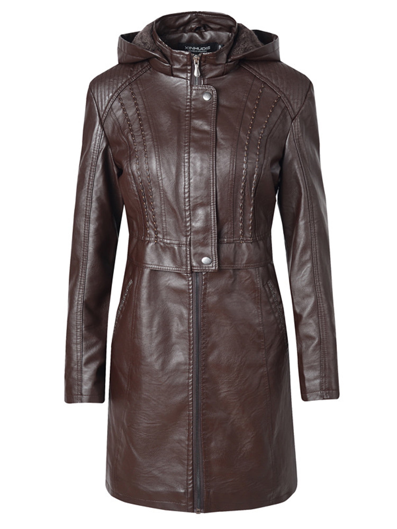 Women's Hooded Leather Parka Jacket Winter Warm Outerwear Zipper