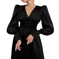 thumbnail image 4 of Robe Maxi Formelle en Satin pour Femmes Manches Longues Bouffantes Col en V Profond Taille Empire Robe de Soirée Cocktail Rouge Vin TG, 4 of 8