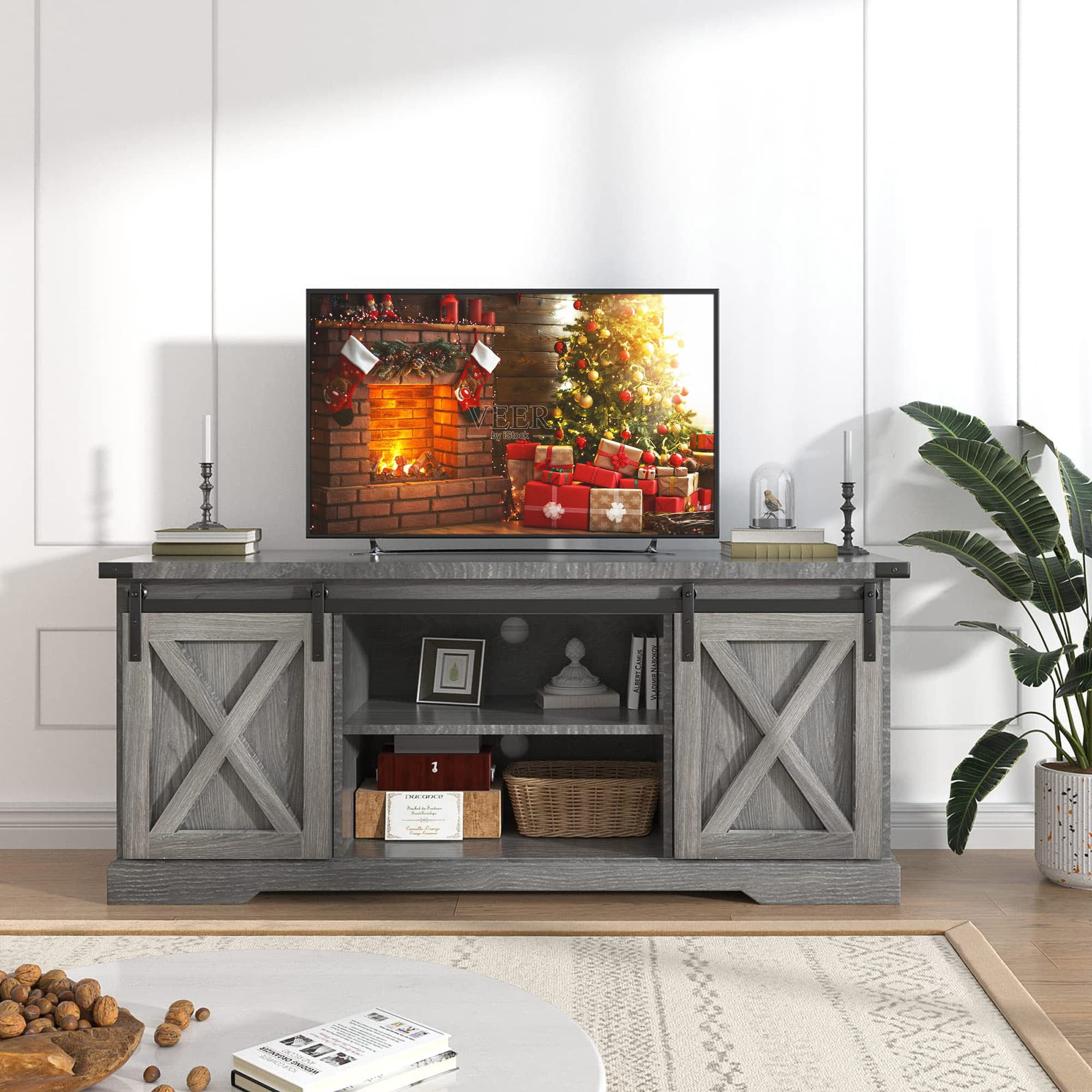 Chvans Farmhouse Barn Door TV Stand for up to 65" TVs & 23" Electric Fireplace, Entertainment Center Console Table with Adjustable Shevles