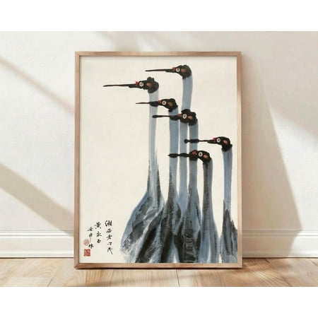 Crane Art Print Chinese Ink Wash Japanese Wall Art Zen Minimalist Living Room Decor