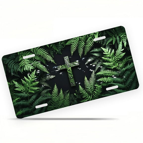 Fern framed Cross Front License Plate, Metal License Plate, Funny Standard Plates Personalized Novelty Decorative For Men/Women/Boys/Girls Car 6×12 Inch