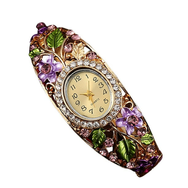 Reloj de pulsera de aleación con forma redonda de cuarzo con diamantes de imitación de flores para mujer FleinngHoz JD709735547