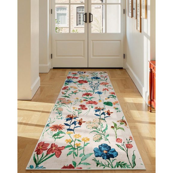 2x6 Runner Rug for Hallway, Floral Washable Area Rugs Low Pile, Soft Non Slip Vintage Carpet for Living Room, Bedroom, Kitchen, Dining Room, Beige