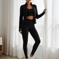 thumbnail image 4 of Workout Sets for Women 3 Piece High Waisted Seamless Leggings Crop Top Jacket Gym Yoga Outfit Stretchy Sports Bra Sets Black, 4 of 7