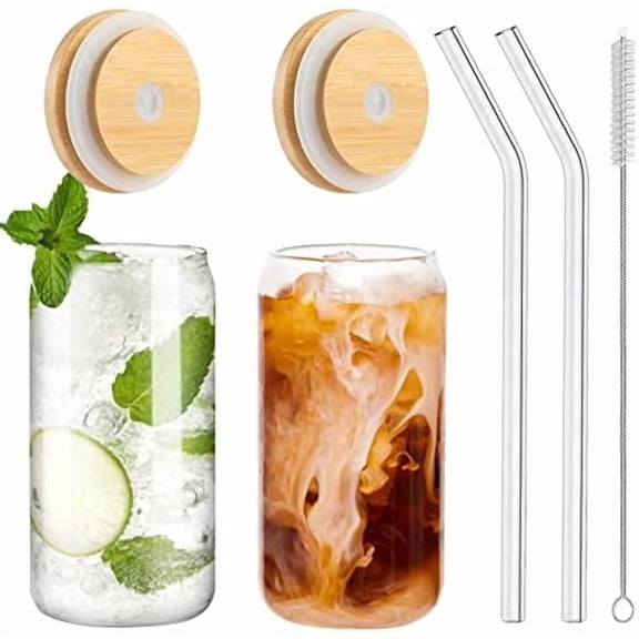 2-Pack 16oz Drinking Glasses with Bamboo Lids & Glass Straws, Glass Cups for Beer, Iced Coffee & Soda