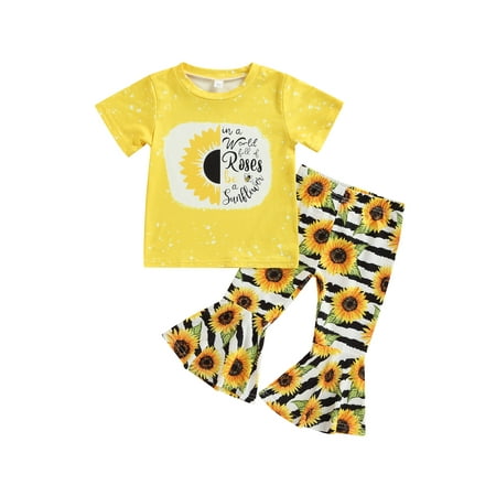 

Sunisery 2Pcs Toddler Kids Girls Outfits Sunflower Print O-Neck Short-Sleeves T-Shirt Tops + Bell-Bottoms Pants Set Yellow 5-6 Years