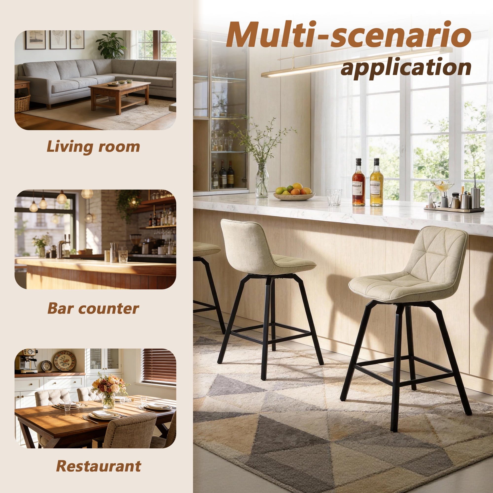 Fancrou 26″ Swivel Counter Height Bar Stools Set Of 3, Triangular Pattern Seat With Metal Legs And Back, Camel-Fabric