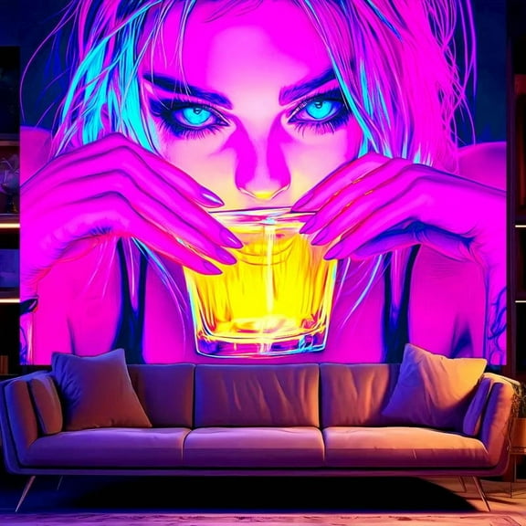 1PC, 2D/Flat polyester fluorescent tapestry, purple-haired girl holding a drink, UV black light reaction tapestry 78.74*59.06 inches, very suitable for living room, bedroom, office home decoration/ro