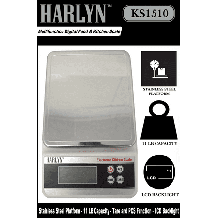 Harlyn Multifunction Digital Food & Kitchen Scale - Stainless Steel Platform - 11 LB Capacity - Tare and PCS Function - LCD Backlight (For cooking, baking, jewelry weight, portion (Best Kitchen Scale For Baking)