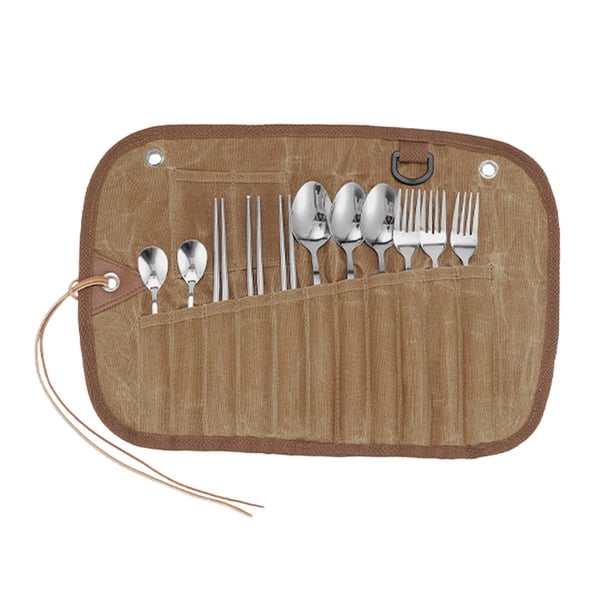 Bolsa de lona para guardar vajilla de exterior, rollo de cubiertos, vajilla y utensilios de cocina. 12 piezas