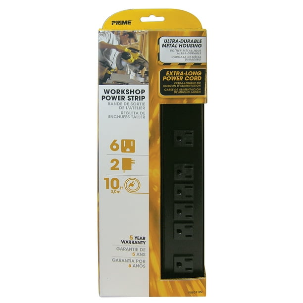 Prime PB801120 6 Outlet Black Metal Power Strip With 10' Cord Walmart